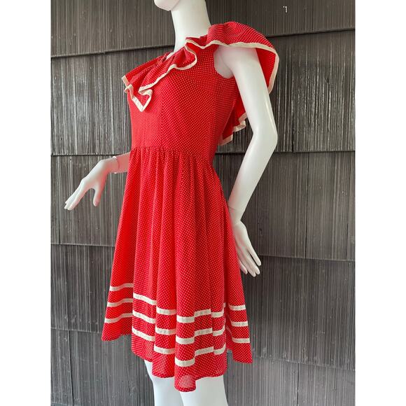 🔥Vintage 80s Swiss Polkadots Striped Ruffled Overlay Full Skirt Dopamine Dress - Picture 5 of 17